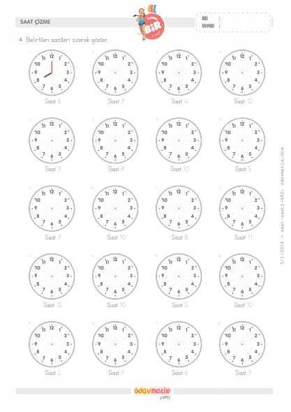 1.Sınıf 60 Dakika Aralıklı Saat Çizme
