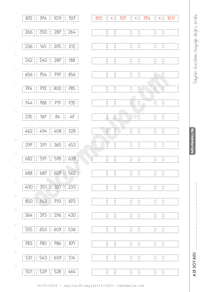 3.Sınıf 3 Sayılı İşaretle Küçükten Büyüğe Sıralama (4 Sayılı Zor)