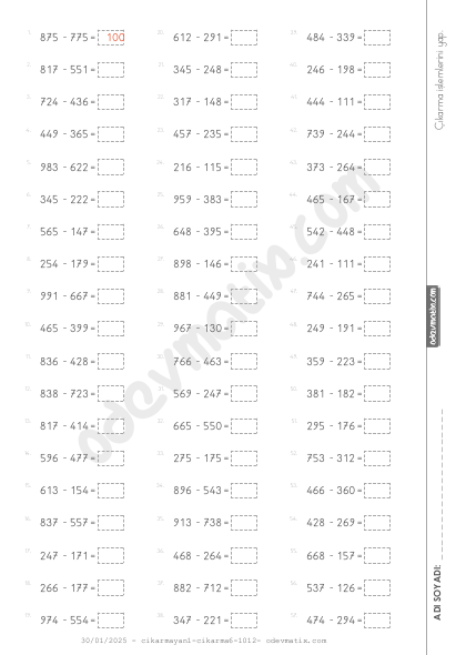 3.Sınıf Yan Yana Çıkarma İşlemi