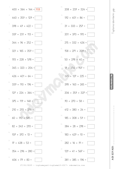 3.Sınıf 3 Sayı İle Yan Yana Toplama İşlemi