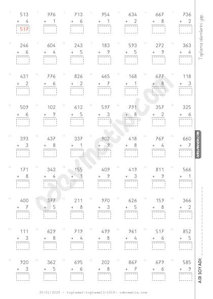3.Sınıf 3 Basamaklı ile 1 Basamaklı Toplama İşlemi