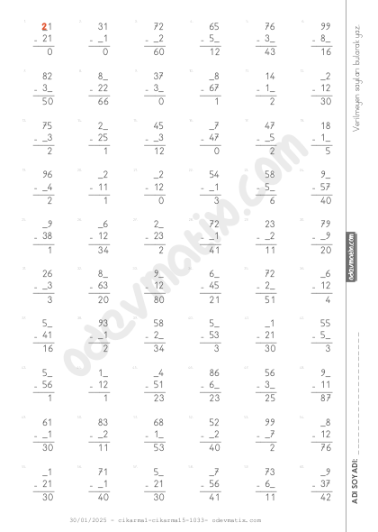 2.Sınıf Verilmeyenli Kolay Çıkarma İşlemi