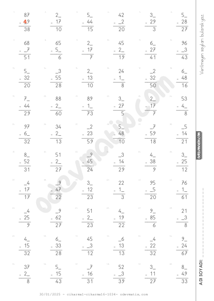 2.Sınıf Verilmeyenli Çıkarma İşlemi