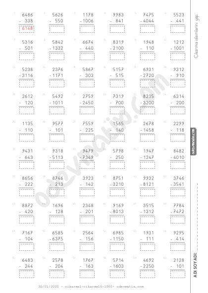 4.Sınıf 4x3 ve 4x4 Onluk Bozmasız Çıkarma İşlemi