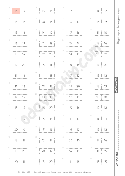 1.Sınıf Sayı Karşılaştırma (20'ye Kadar)