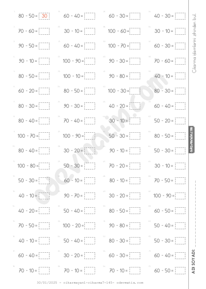 2.Sınıf Yan Yana Zihinden Çıkarma İşlemi