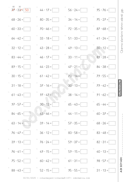 2.Sınıf Yan Yana Çıkarma Sonucunu Tahmin Etme