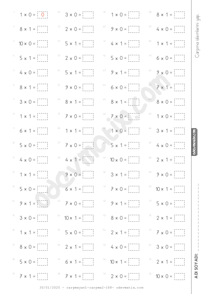 2.Sınıf 1 ve 0 ile Çarpma İşlemi