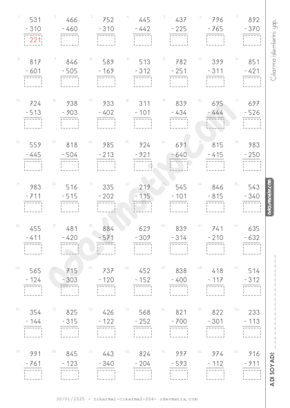 3.Sınıf Onluk Bozmasız Çıkarma İşlemi