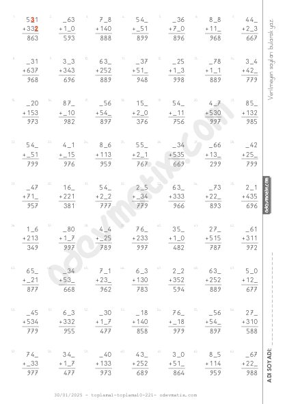 3.Sınıf Verilmeyenli Kolay Toplama İşlemi
