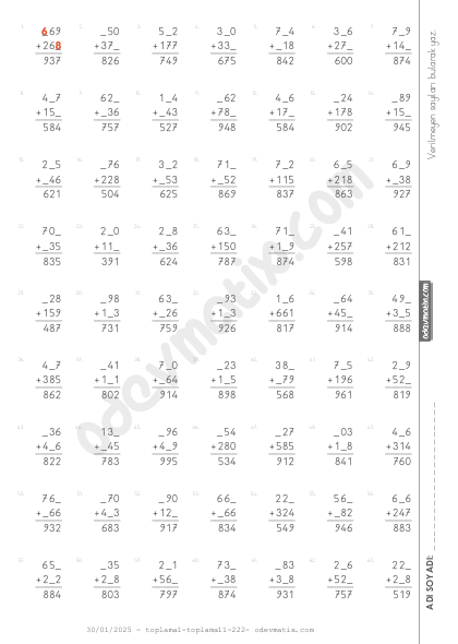 3.Sınıf Verilmeyenli Toplama İşlemi