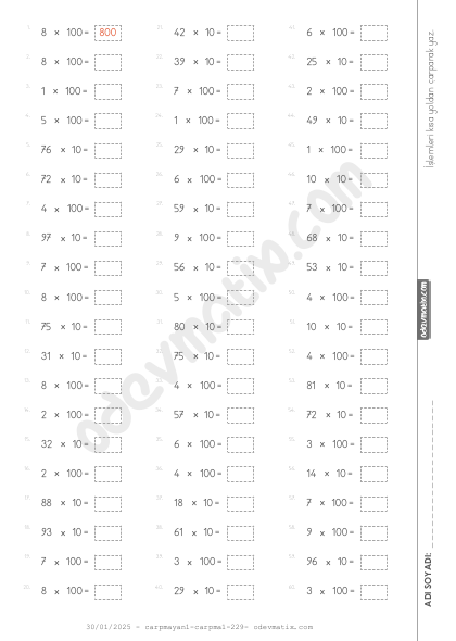 3.Sınıf Kısa Yoldan Çarpma İşlemi