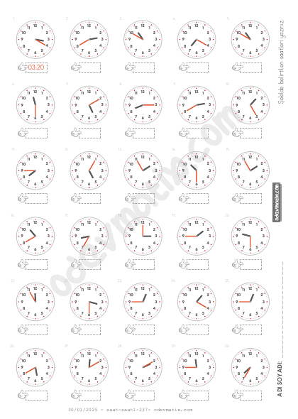 3.Sınıf 5 Dakika Aralıklı Saat Okuma (12 Saatlik)