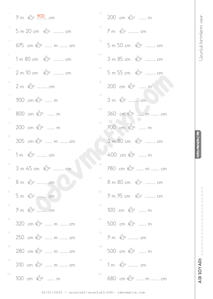 3.Sınıf Uzunuluk Ölçülerini Çevirme