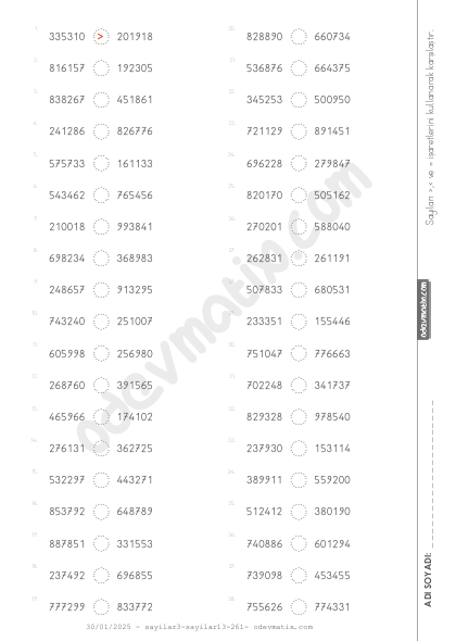 4.Sınıf 6 Basamaklı Sayıları Karşılaştırma