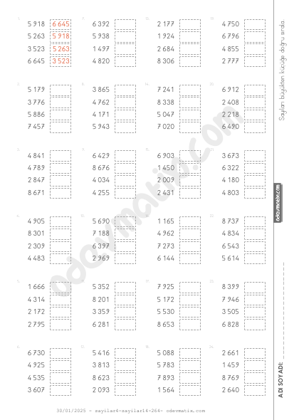 4.Sınıf 4 Basamaklı Sayıları Sıralama (Büyükten Küçüğe)