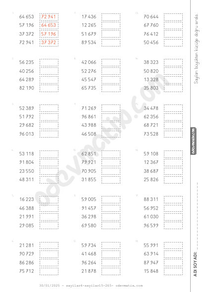 4.Sınıf 5 Basamaklı Sayıları Sıralama (Büyükten Küçüğe)