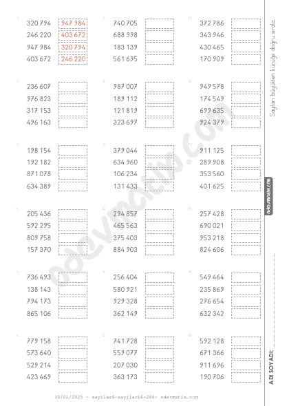 4.Sınıf 6 Basamaklı Sayıları Sıralama (Büyükten Küçüğe)