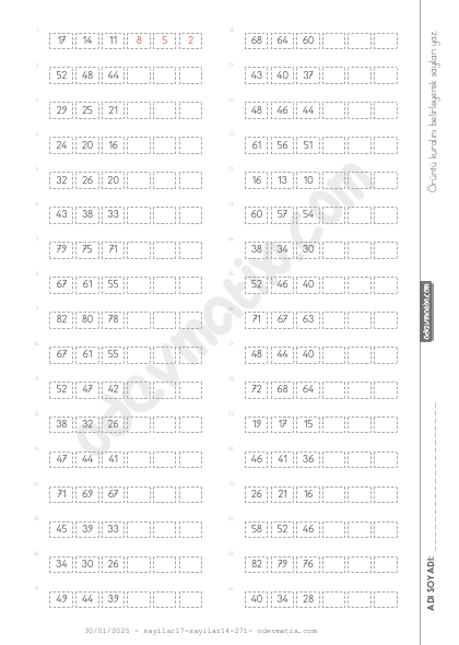 4.Sınıf 2 Basamaklı Geri Yönlü Sayı Örüntüleri