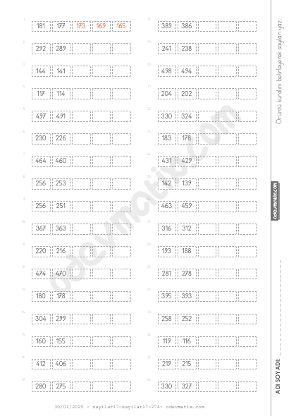 4.Sınıf 3 Basamaklı Geri Yönlü Sayı Örüntüleri