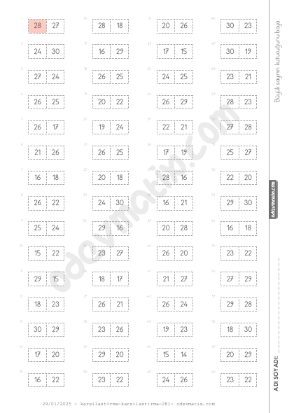 1.Sınıf 30'a Kadar Sayılarla Sayı Karşılaştırma