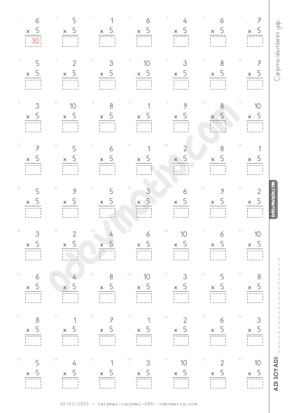 2.Sınıf Alt Alta 5 ile Çarpma İşlemi