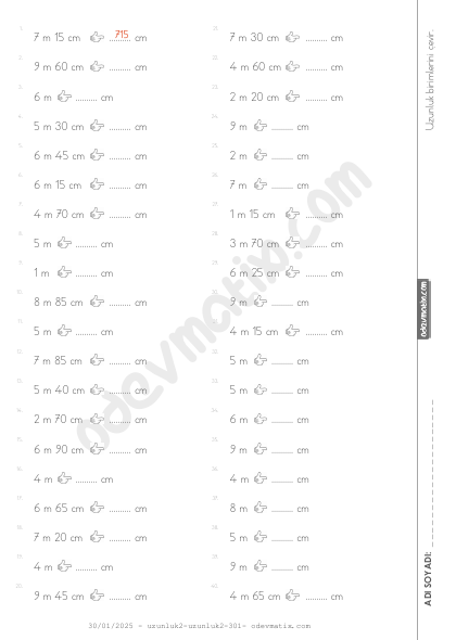 3.Sınıf Metre-Santimetre Çevirme