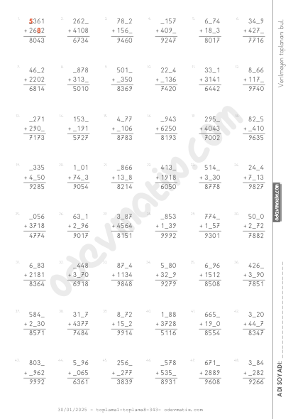 4.Sınıf Verilmeyenli Toplama İşlemi