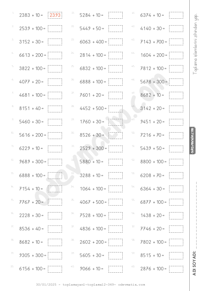 4.Sınıf Zihinden Toplama İşlemi