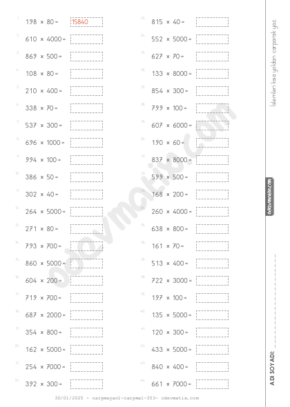 4.Sınıf Kısa Yoldan Çarpma İşlemi