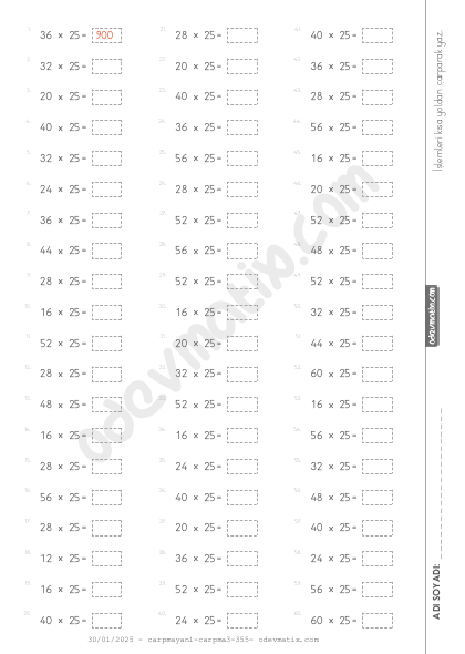 4.Sınıf 25 ile Kısa Yoldan Çarpma