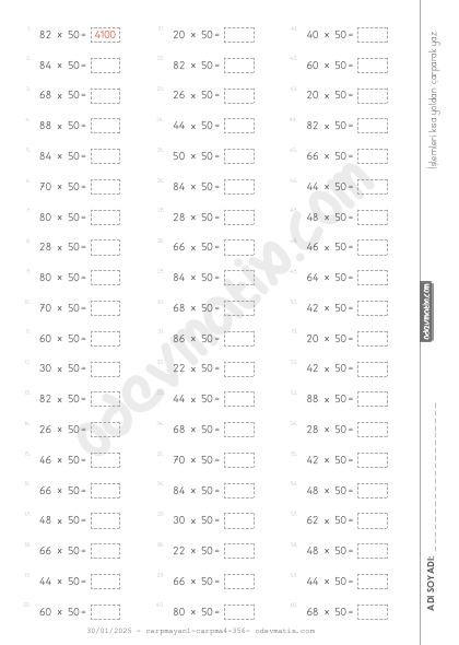 4.Sınıf 50 ile Kısa Yoldan Çarpma