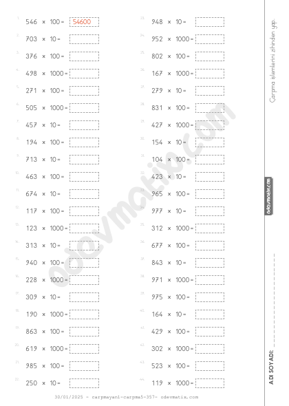 4.Sınıf Zihinden Çarpma