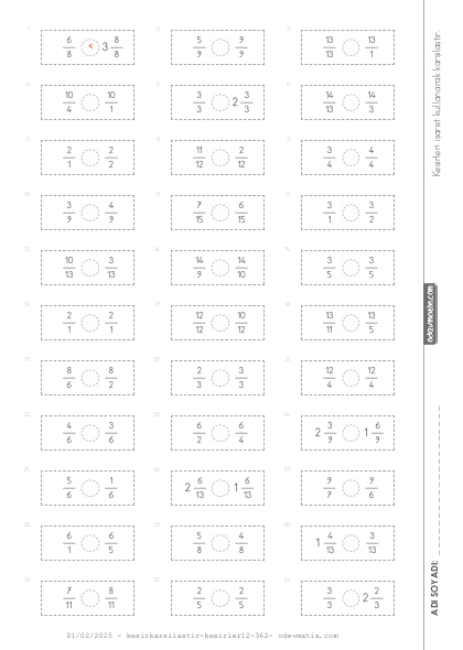 4.Sınıf Kesirlerde Tam Sayılı Karşılaştırma