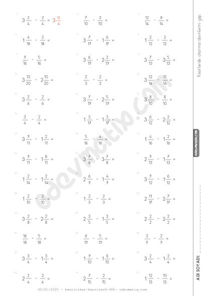 4.Sınıf Kesirlerde Çıkarma