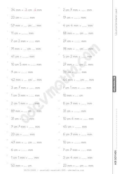 4.Sınıf Uzunlukları Çevirme (mm-cm)