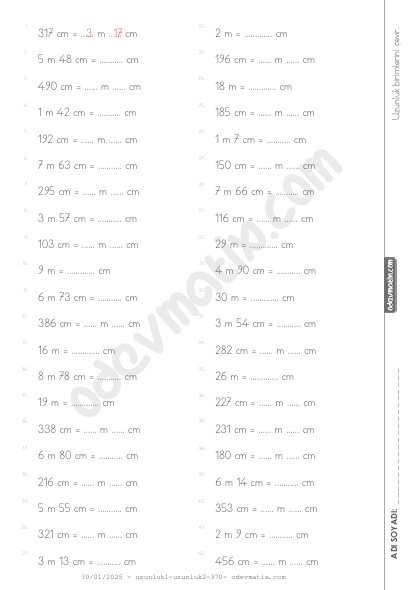 4.Sınıf Uzunlukları Çevirme (cm-m)