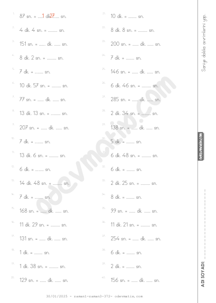 4.Sınıf Saniye-Dakika Çevirme