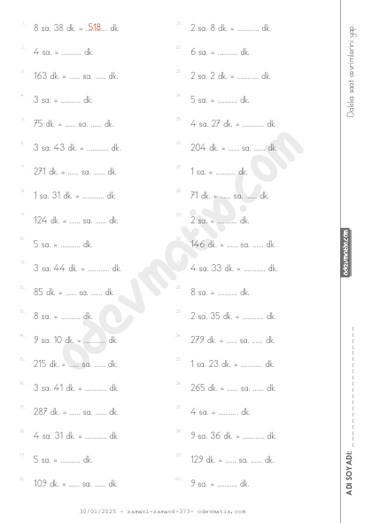 4.Sınıf Dakika-Saat Çevirme