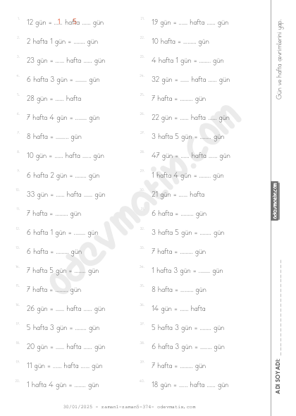 4.Sınıf Gün-Hafta Çevirme