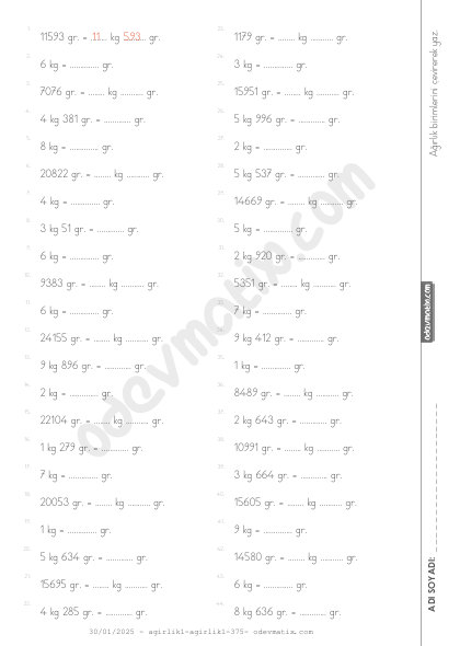 4.Sınıf Gram-Kilogram Çevirme