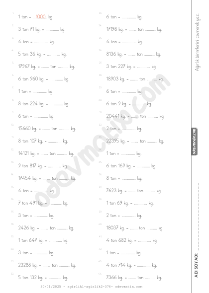 4.Sınıf Kilogram-Ton Çevirme