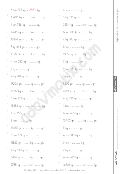4.Sınıf Ağırlık Birimlerini Çevirme