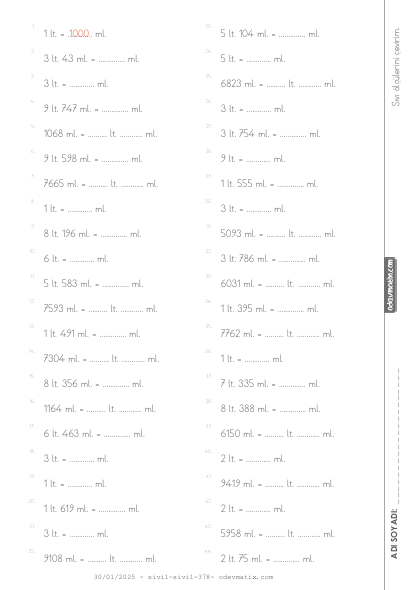 4.Sınıf Litre-Mililitre Çevirme