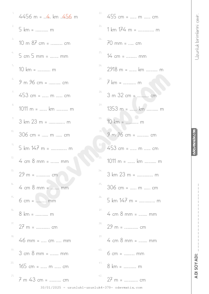 4.Sınıf Uzunluk Birimlerini Çevirme