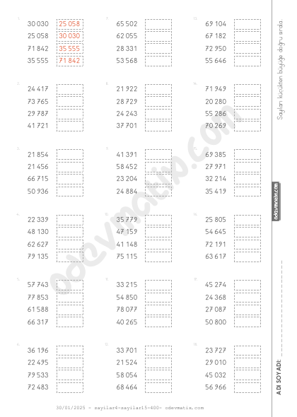 4.Sınıf 5 Basamaklı Sayıları Küçükten Büyüğe Doğru Sıralama