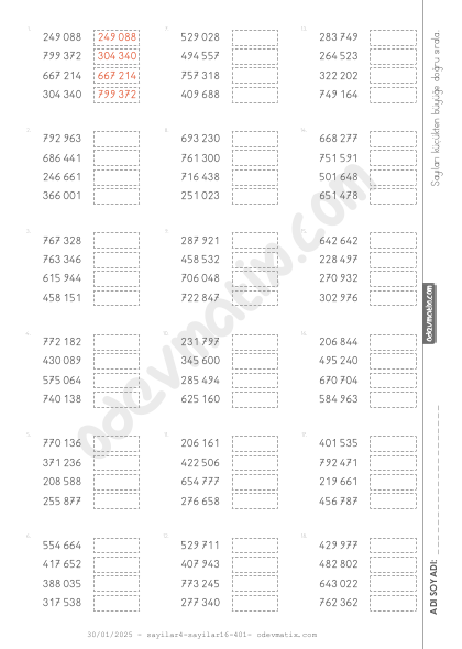 4.Sınıf 6 Basamaklı Sayıları Küçükten Büyüğe Doğru Sıralama