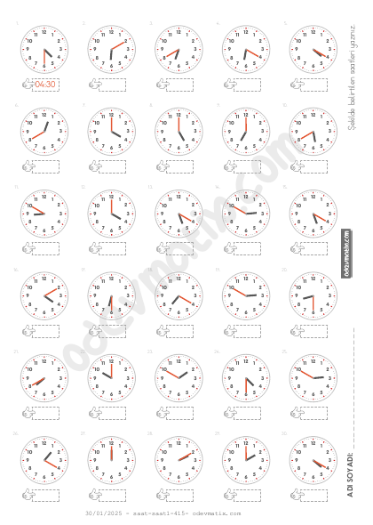 3.Sınıf 10 Dakika Aralıklı 12 Saatlik Saat Okuma