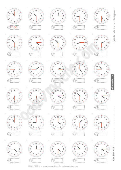 3.Sınıf 15 Dakika Aralıklı 12 Saatlik Saat Okuma