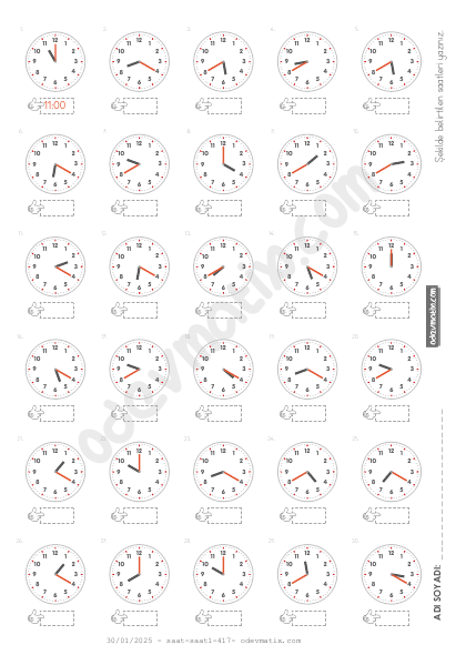 3.Sınıf 20 Dakika Aralıklı 12 Saatlik Saat Okuma